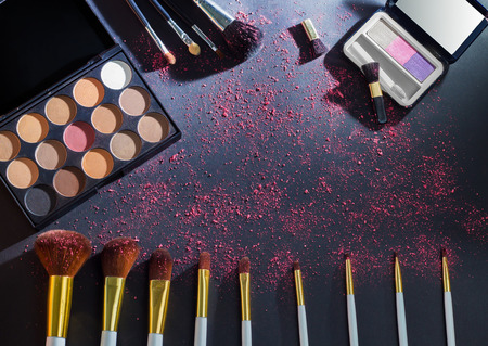 set of shadows and makeup brushesの写真素材