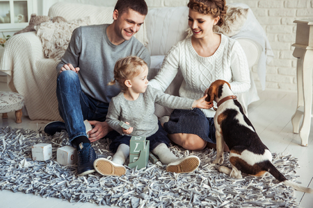happy family playing with a pet dog in the spacious living roomの写真素材
