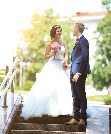 portrait of the newlyweds on the streetsの写真素材