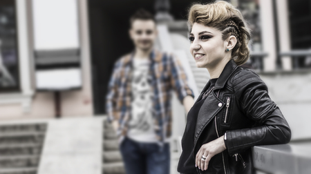 young people are expected to meet,standing in the appointed placeの写真素材