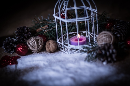 Christmas card.vintage Christmas candle on festive background .の写真素材