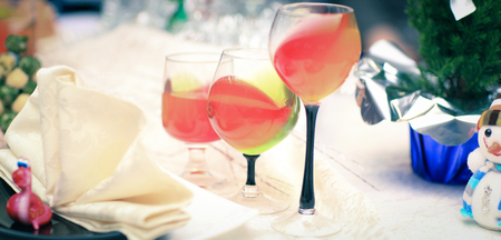 glass of fruity mulled wine on the Christmas tableの写真素材