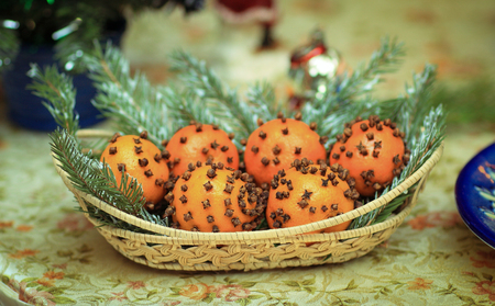 Christmas oranges and Christmas meals on the tableの写真素材