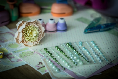 set for needlework on wooden table.の写真素材