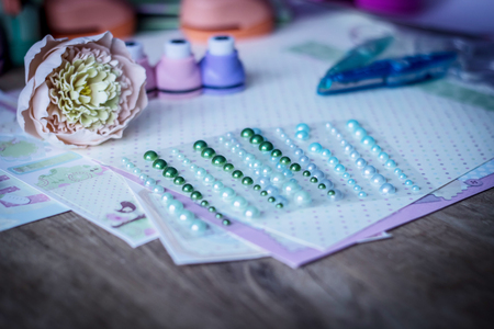 set for needlework on wooden table.の写真素材