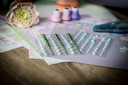 set for needlework on wooden table.の写真素材