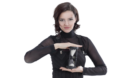 young business woman with hourglass.isolated on white.