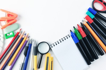 frame for text of school supplies on a white backgroundの写真素材