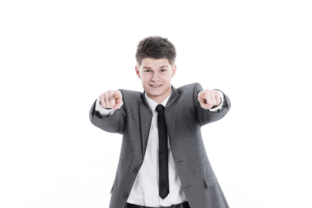 handsome businessman showing the hands forward.isolated on a whiteの写真素材