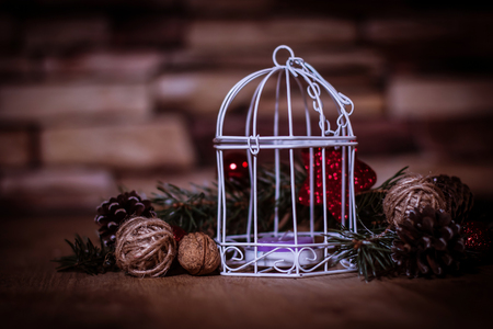 Christmas background.Christmas candle and Christmas tree decoratの写真素材