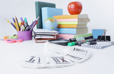 image of variety of school supplies on white backgroundの写真素材
