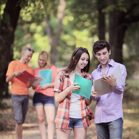 group of students discussing exam questions standing in the Parkの写真素材
