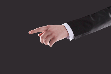 close up.business woman showing with index finger at copy spaceの写真素材