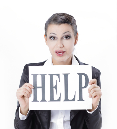 frustrated business woman showing paper ,writing helpの写真素材