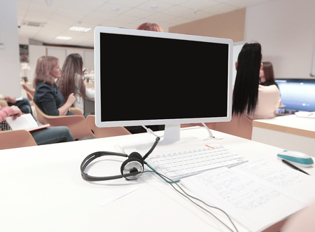 close up. the computer monitor on the table in the conference room