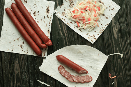 sausage and cabbage for making homemade Shawarma. fast food