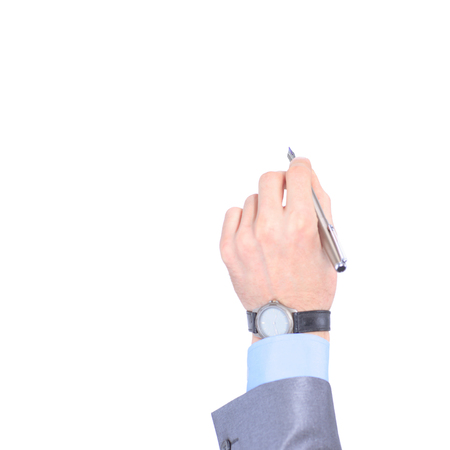 Young businessman makes a record. Isolated on a white background.の写真素材
