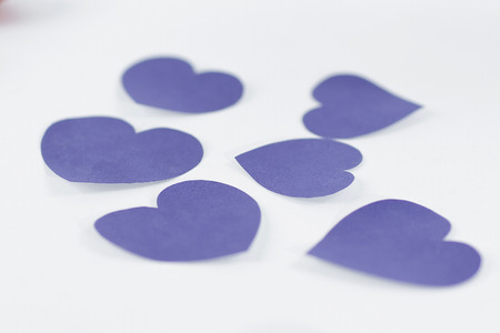 blue hearts and pink petals on white background.photo with copyの写真素材