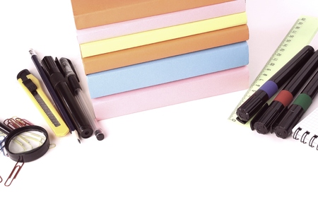 frame for text of school supplies on a white backgroundの写真素材