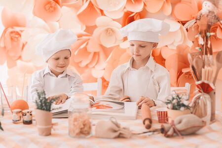 two cute little cooks start cooking dinner.の写真素材