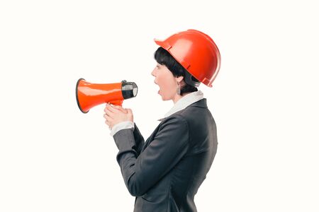female architect with a megaphone.isolated on lightの写真素材