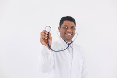 closeup.portrait of a smiling therapist .isolated on a whiteの写真素材