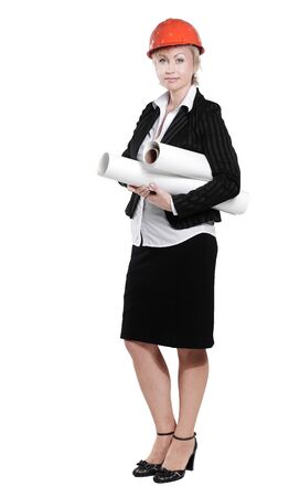 portrait of a female architect with blueprintsの写真素材