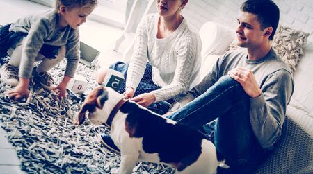 happy family playing with a pet dog in the spacious living roomの写真素材