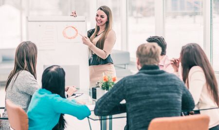 Manager conducts the presentation of the new advertising project of the company in the spacious officeの写真素材