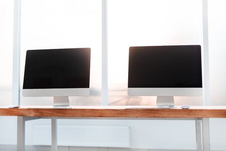 close up. personal computers on the office Desk. business conceptの写真素材