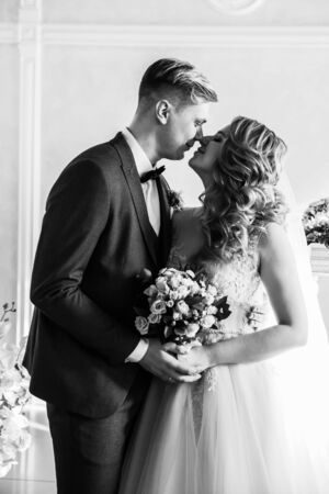black and white photo. portrait of a happy bride and groom.の写真素材