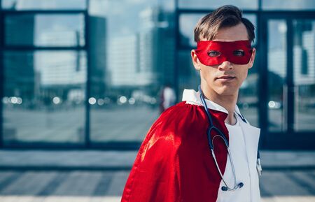 close up. portrait of a doctor in a superhero mask.の写真素材