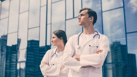 close up. ambulance doctors standing on a city street.