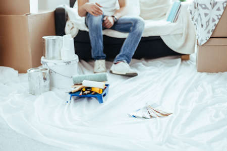 construction tools and color palette on the floor in the new apartment.の写真素材