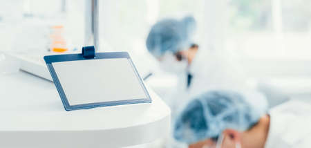 close up. blank badge on the table in the science lab.の写真素材