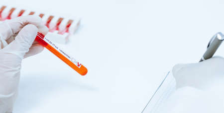 close up. scientist conducts research in the laboratory.の写真素材