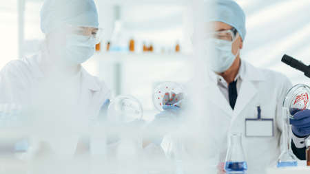 close up. microbiologists discussing the results of a scientific experiment.の写真素材