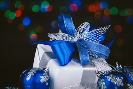 Christmas decorations on festive backgroundの写真素材