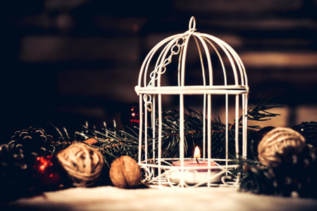 Christmas card.vintage Christmas candle on festive background .の写真素材