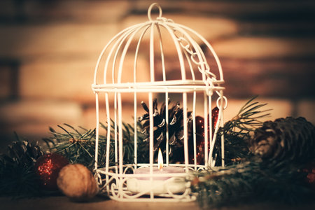 Christmas background.Christmas candle and Christmas tree decoratの写真素材