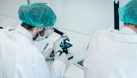 rear view. scientist sitting at a Desk in the laboratory.