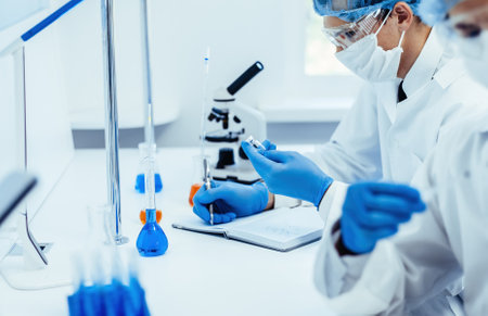 close up. group of scientists testing the results of a new vaccine .の写真素材