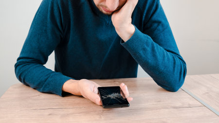 unhappy young man looking at his smartphone with a broken screen.の写真素材