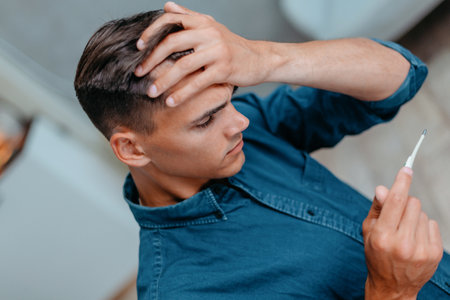 man with a headache looking at the thermometer.