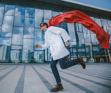 medic superhero hurries to the sick city resident.の写真素材