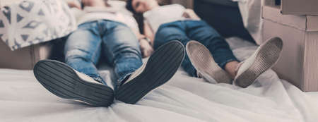 close up. young couple lying on the floor in the new living room.