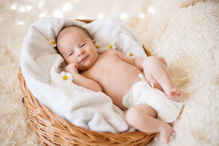 newborn baby wakes up in a cozy baby basket.の写真素材