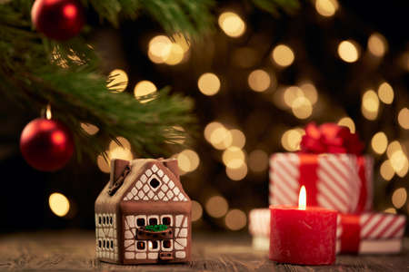 gingerbread Christmas house on a festive background .の写真素材