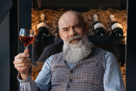 satisfied elderly winemaker raises a glass of wine.の写真素材