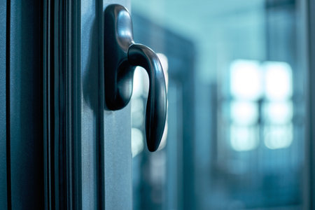 Doorknob with a lock on the glass door.の写真素材